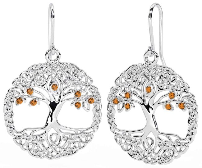 Citrine Silver Celtic Tree of Life Dangle Earrings