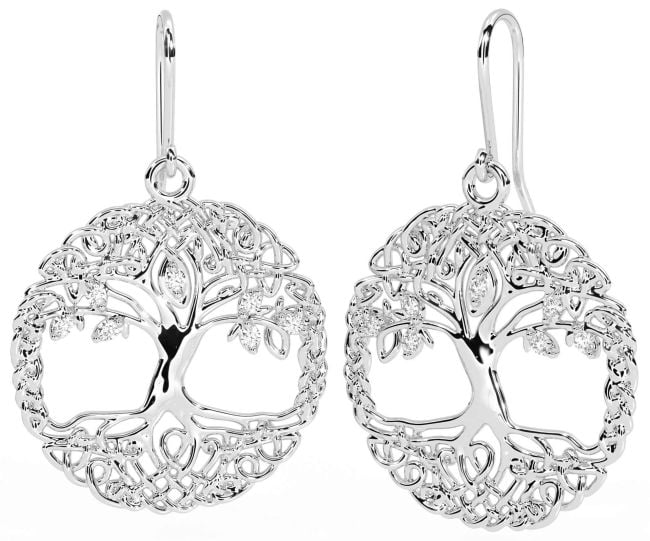 Diamond Silver Celtic Tree of Life Dangle Earrings