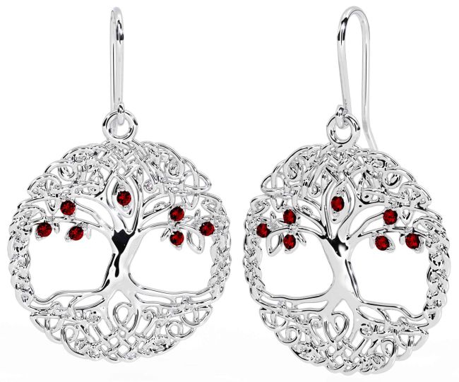 Garnet Silver Celtic Tree of Life Dangle Earrings