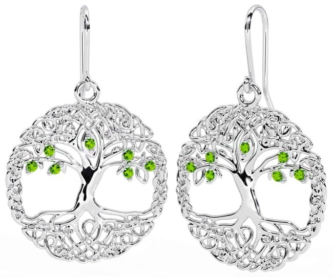 Peridot Silver Celtic Tree of Life Dangle Earrings