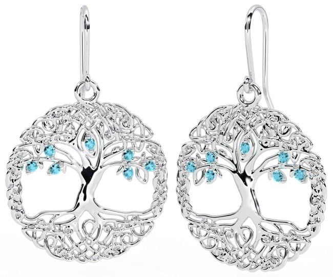 Aquamarine White Gold Celtic Tree of Life Dangle Earrings