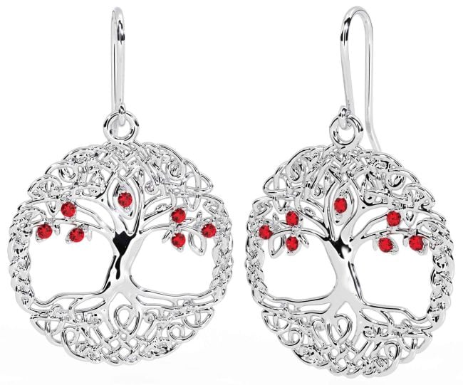 Ruby White Gold Celtic Tree of Life Dangle Earrings