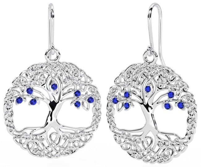 Sapphire White Gold Celtic Tree of Life Dangle Earrings