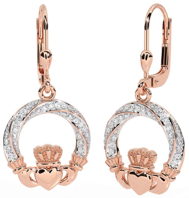 Diamond Rose Gold Silver Claddagh Dangle Earrings