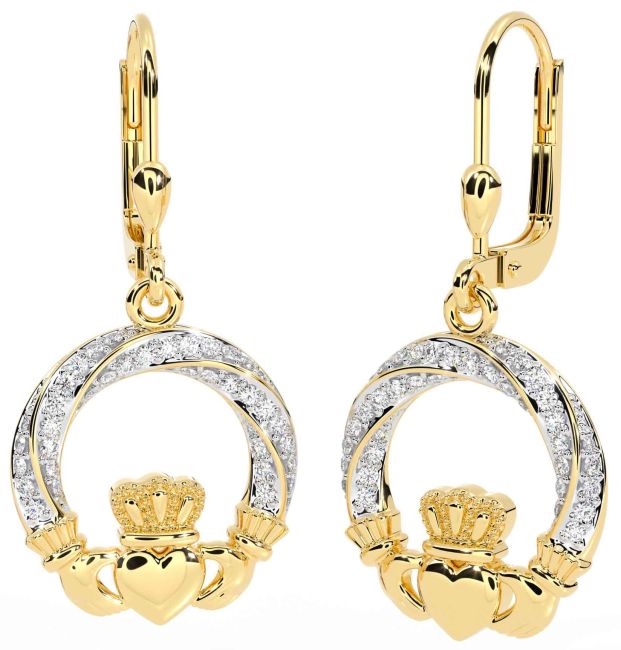 Diamond Gold Silver Claddagh Dangle Earrings