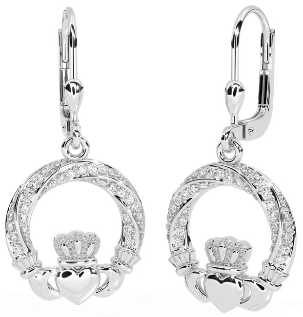 Diamond Silver Claddagh Dangle Earrings