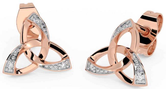 Diamond Rose Gold Silver Celtic Trinity Knot Stud Earrings