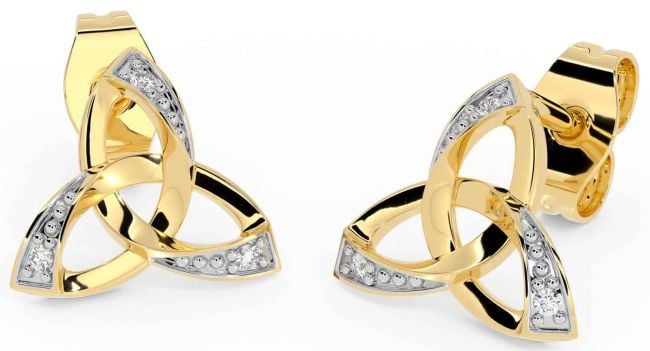 Diamond Gold Silver Celtic Trinity Knot Stud Earrings
