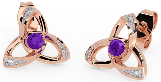 Diamond Amethyst Rose Gold Silver Celtic Trinity Knot Stud Earrings