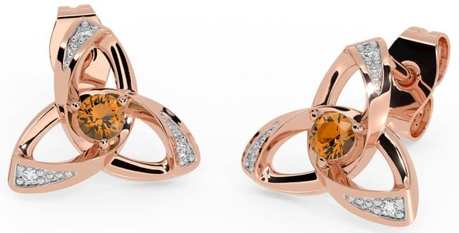 Diamond Citrine Rose Gold Silver Celtic Trinity Knot Stud Earrings