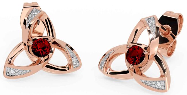 Diamond Garnet Rose Gold Silver Celtic Trinity Knot Stud Earrings