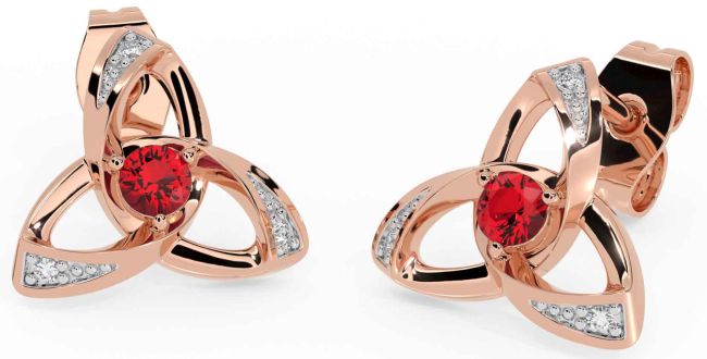 Diamond Ruby Rose Gold Silver Celtic Trinity Knot Stud Earrings