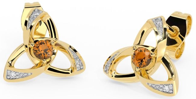 Diamond Citrine Gold Silver Celtic Trinity Knot Stud Earrings