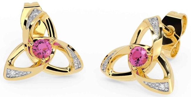 Diamond Pink Tourmaline Gold Silver Celtic Trinity Knot Stud Earrings