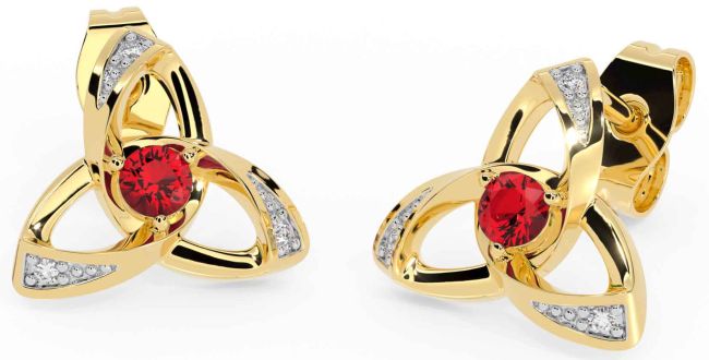 Diamond Ruby Gold Silver Celtic Trinity Knot Stud Earrings