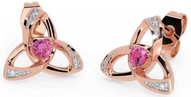 Diamond Pink Tourmaline Rose Gold Celtic Trinity Knot Stud Earrings