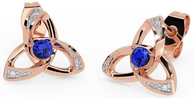 Diamond Sapphire Rose Gold Celtic Trinity Knot Stud Earrings