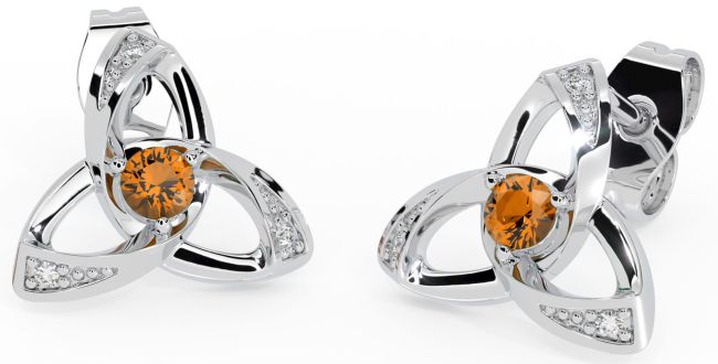 Diamond Citrine Silver Celtic Trinity Knot Stud Earrings