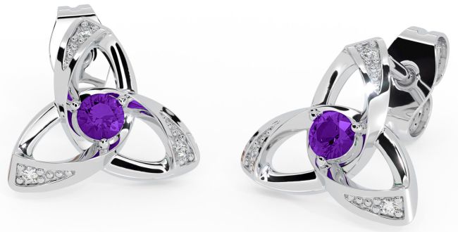 Diamond Amethyst White Gold Celtic Trinity Knot Stud Earrings