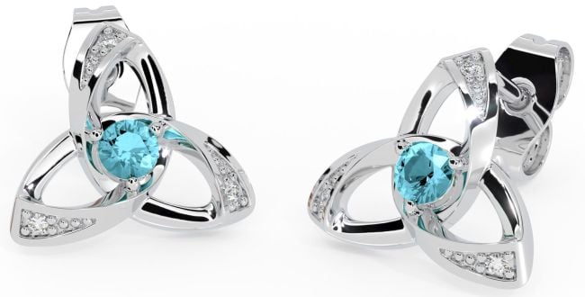 Diamond Aquamarine White Gold Celtic Trinity Knot Stud Earrings
