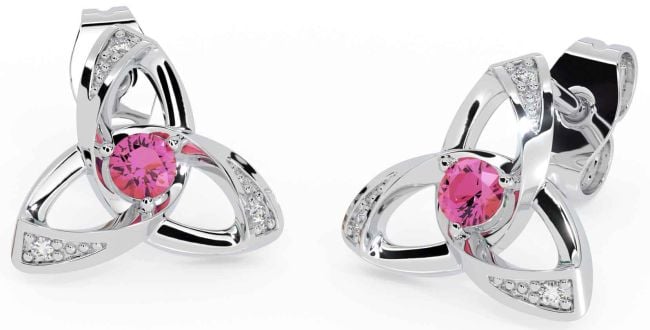 Diamond Pink Tourmaline White Gold Celtic Trinity Knot Stud Earrings