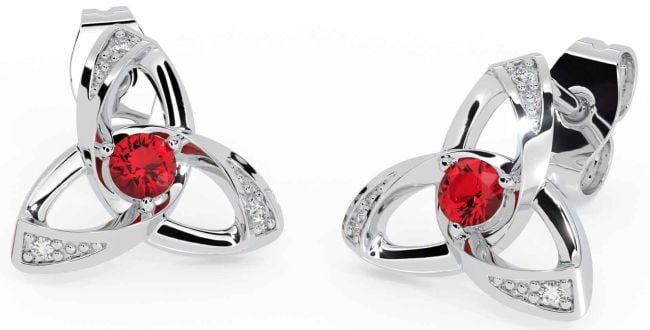 Diamond Ruby White Gold Celtic Trinity Knot Stud Earrings