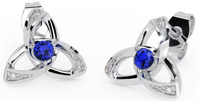 Diamond Sapphire White Gold Celtic Trinity Knot Stud Earrings