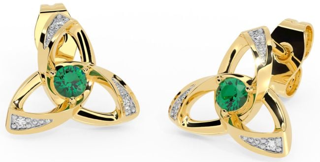 Diamond Emerald Gold Celtic Trinity Knot Stud Earrings