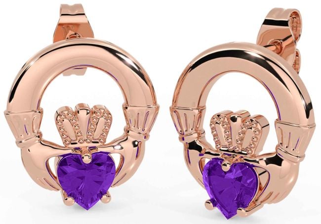 Amethyst Rose Gold Silver Claddagh Stud Earrings