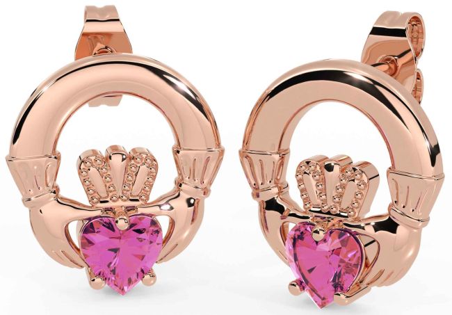 Pink Tourmaline Rose Gold Silver Claddagh Stud Earrings