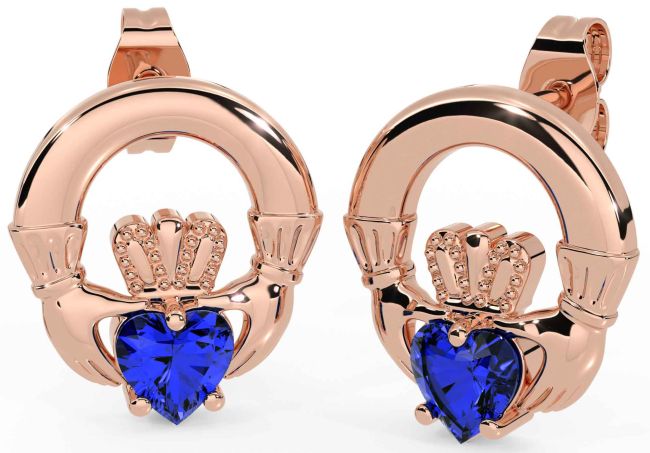 Sapphire Rose Gold Silver Claddagh Stud Earrings