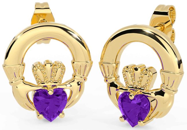 Amethyst Gold Silver Claddagh Stud Earrings