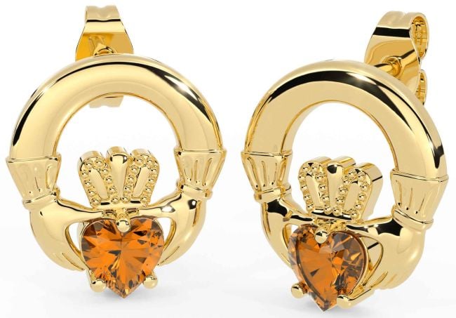 Citrine Gold Silver Claddagh Stud Earrings