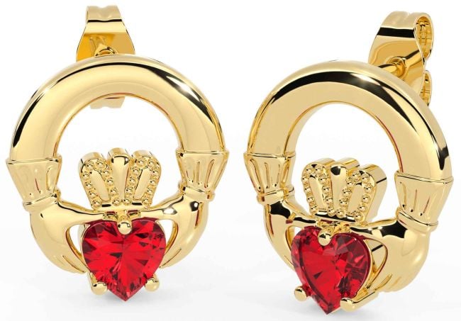 Ruby Gold Silver Claddagh Stud Earrings