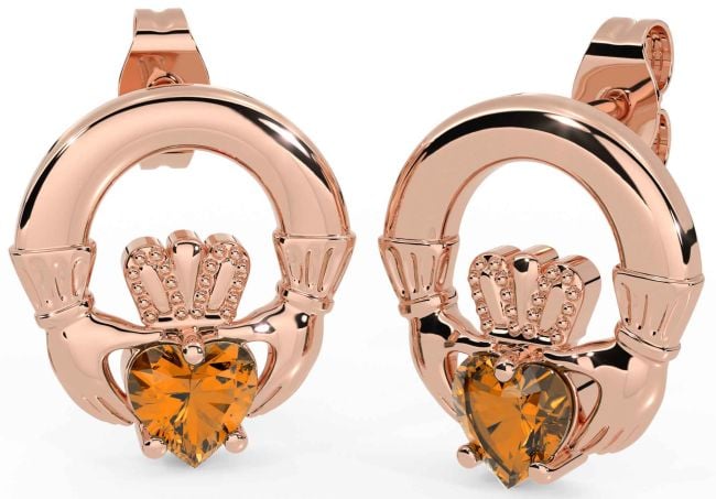 Citrine Rose Gold Claddagh Stud Earrings