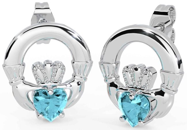 Aquamarine Silver Claddagh Stud Earrings