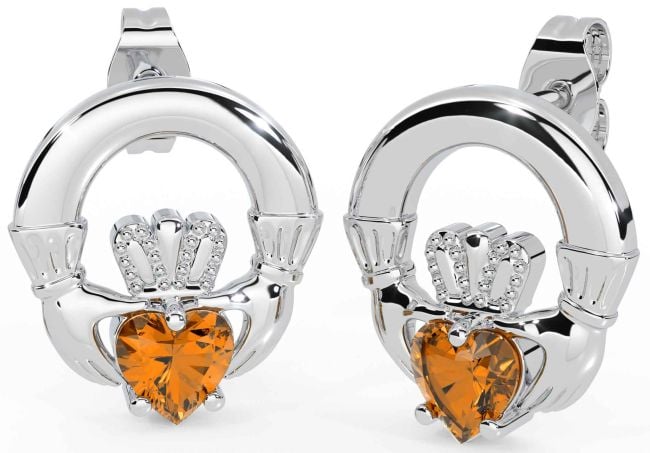 Citrine Silver Claddagh Stud Earrings