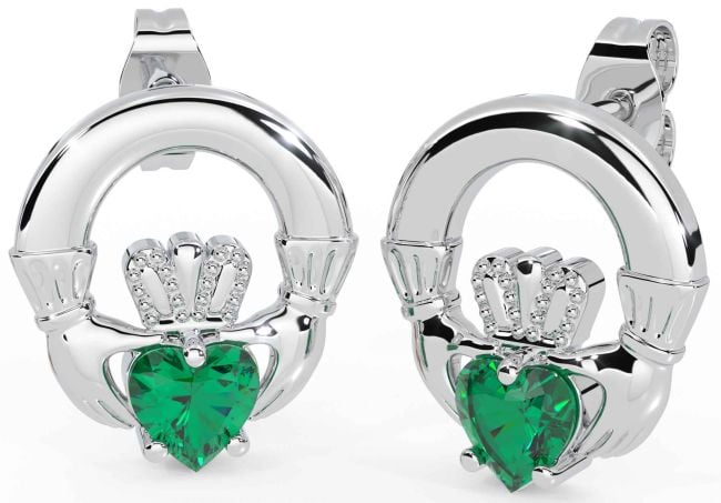 Emerald Silver Claddagh Stud Earrings