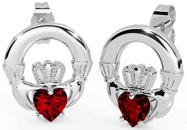 Garnet Silver Claddagh Stud Earrings