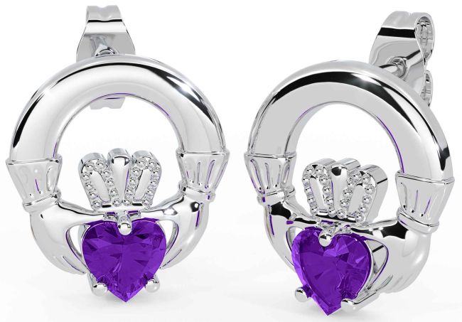 Amethyst White Gold Claddagh Stud Earrings