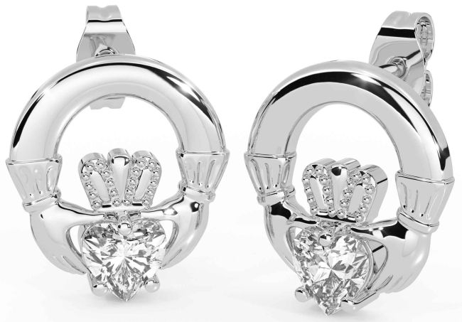 Diamond White Gold Claddagh Stud Earrings