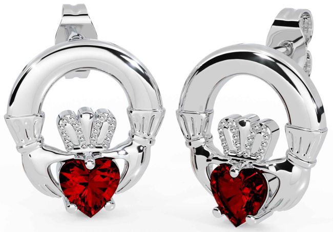 Garnet White Gold Claddagh Stud Earrings
