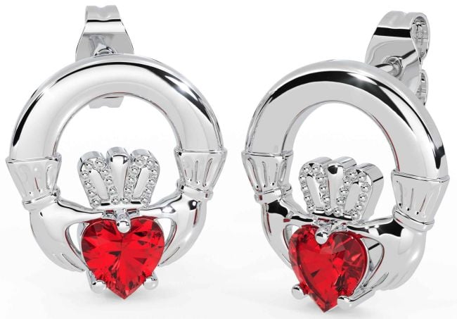 Ruby White Gold Claddagh Stud Earrings