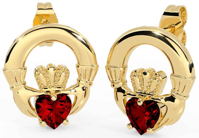 Garnet Gold Claddagh Stud Earrings