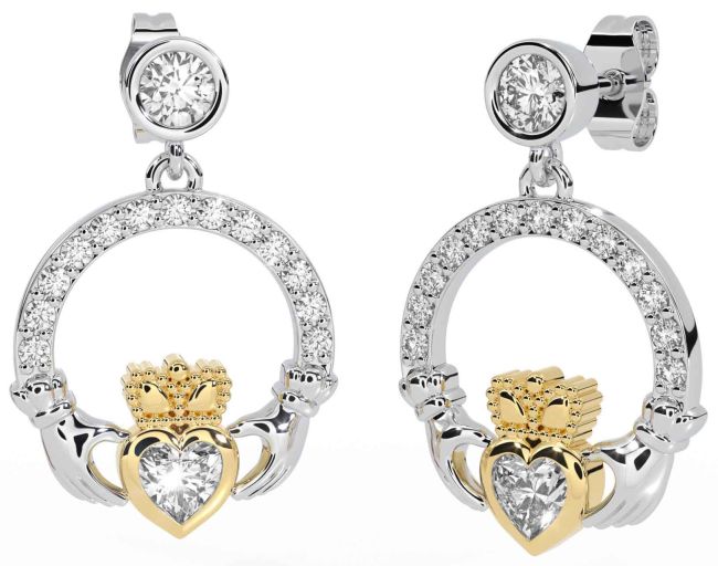 Diamond Gold Silver Claddagh Dangle Earrings