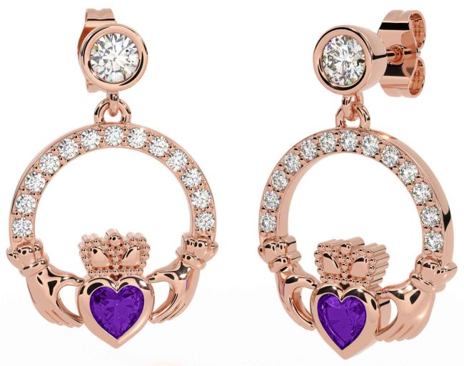 Diamond Amethyst Rose Gold Silver Claddagh Dangle Earrings