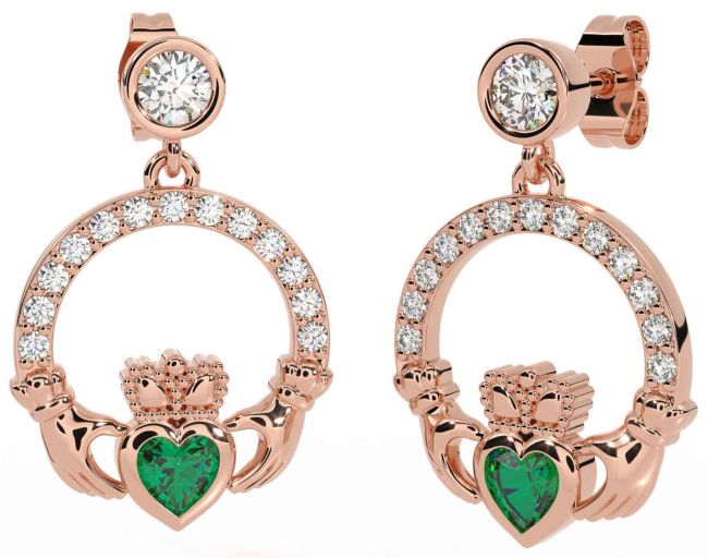 Diamond Emerald Rose Gold Silver Claddagh Dangle Earrings