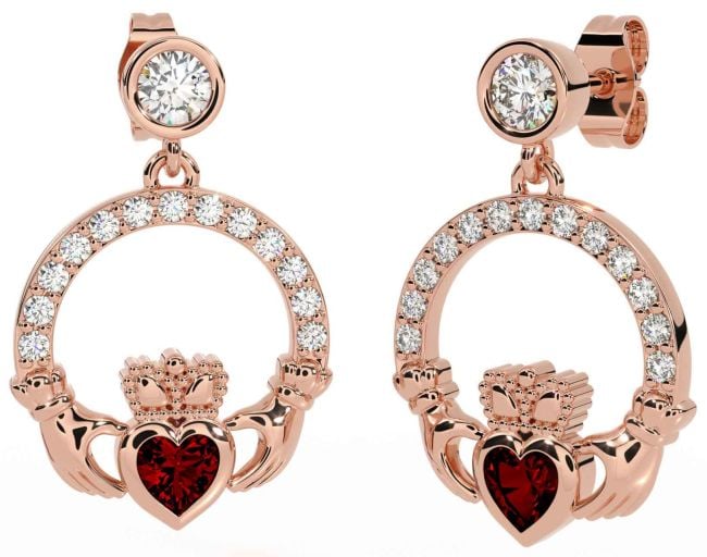 Diamond Garnet Rose Gold Silver Claddagh Dangle Earrings