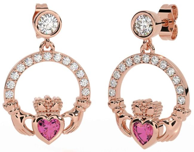 Diamond Pink Tourmaline Rose Gold Silver Claddagh Dangle Earrings