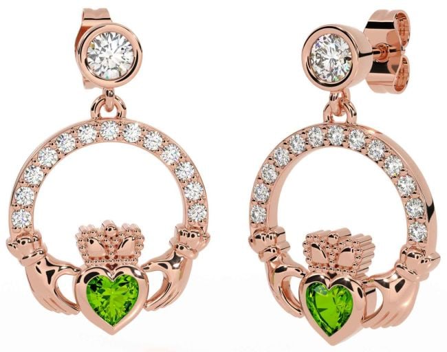 Diamond Peridot Rose Gold Silver Claddagh Dangle Earrings